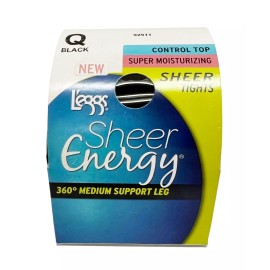 L'eggs Sheer Energy Control Top Pantyhose Tights, Moisturizing, Size Q, BLACK