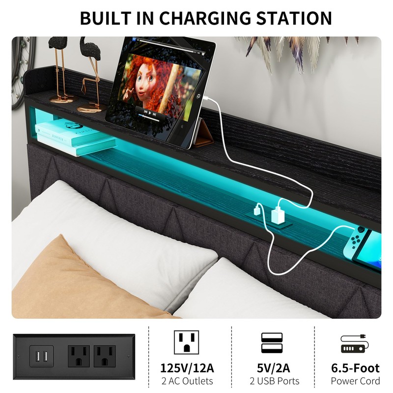VERFARM Full Bed Frame with LED Lights Storage Upholstered Headboard