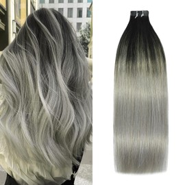 WindTouch Tape in Hair Extensions Human Hair 18Inch #1btGray 50g 20PCS Tape in Hair Extensions Balayage Ombre Natural Black Fading to Silver Gray Hair Extensions Real Human Hair Extensions