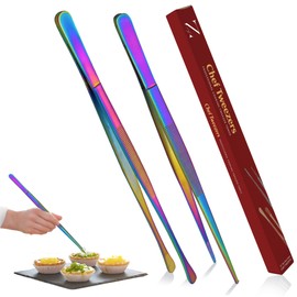 Namre' Tong Tweezer Tongs for Cooking - Plating Tweezers - 2 Pack Stainless Steel Cooking Tongs - Thin Chopstick Tongs - Precise & Strong Chef Tweezers for Food & Small Objects - 12 Inch - Rainbow