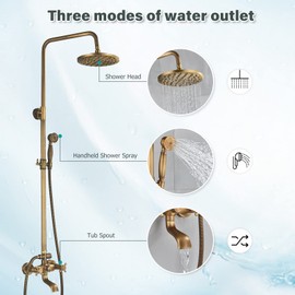 NeierThodore Antique Brass 8-Inch Bathroom Shower Faucet System Rainfall Shower Head Wall-Mounted Dual Cross Handle Bathtub Shower Mixer Tap with Hand Sprayer