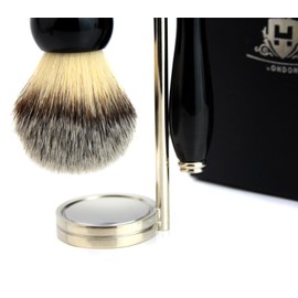 Vintage Luxury Shaving Kit for Him || Silver Tip Synthetic Hair Brush & 5 Edge Compatible Razor + Stainless Steel Shaving Stand || 3 Piece Gift Kit - Ready to Use