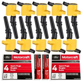 MAS Yellow Set of 10 Ignition Coil Pack DG508 Curved Boot & Motorcraft Spark Plug SP479 Compatible with Ford F150 F250 E150 Expedition Lincoln Replacement for FD503 DG457 C1417