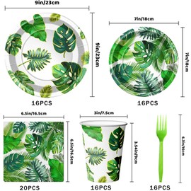 84Pcs Hawaiian Luau Party Supplies Set Tropical Green Palm Leaf Disposable Plates Cups and Napkins Disposable set for Summer,Beach (Palm Leaf)