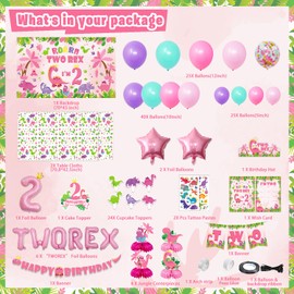 KimaruLZ Girl Dinosaur Party Decorations for 2 Year Old Girl, 134 Pcs Two Rex Pink Dinosaur Dino Birthday Party Supplies for Girl - Backdrop, Toppers, Tablecloth, Centerpieces, Banner, Crown, Poster
