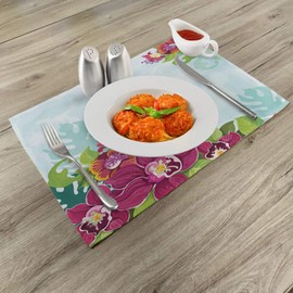 Lunarable Floral Place Mats Set of 4, Colorful Tropical Flourishing Flower Garland Pattern Framework Spring Art, Washable Fabric Placemats for Dining Room Kitchen Table Decor, Turquoise Pink Green