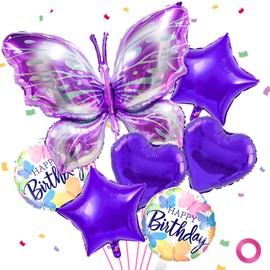 VTKELEISUR Butterfly Balloons,7pcs Purple Butterfly Birthday Decorations Set with Star Heart Balloons,Butterfly Baby Shower Decorations,Butterfly Party Decorations