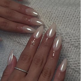 Milky White Press On Nails Almond - KQueenest Chrome Press On Nails Medium, Pearlescent Fake Nails Press ons, Glitter Glue on Nails Medium Stiletto, Glazed Gel Stick On Nails for Women Wedding Wear