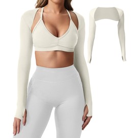 YEOREO Women Crop Top Long Sleeve Bolero Open Front Workout Cropped Shirts Sports Shrug, Cream, Small