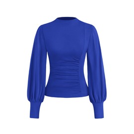 KIRUNDO Going Out Tops for Women Puff Long Sleeve Mock Neck Ruched Shirts Dressy Casual 2025 Fall Fitted Trendy Work Blouse(Blue, Small)