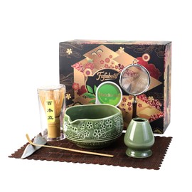 7 Pcs Matcha Whisk Set, Ceremony Matcha Kit with Matcha Bowl, Bamboo Whisk and Holder, Scoop and Scoop Rest, Sifter and Tea Towel, Gift for Matcha Lovers (Green/Cherry Blossom-Patterned 2)
