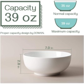 DOWAN 39 Ounce Serving Bowls, Salad Bowls, Porcelain Pasta Bowl Set, Chip Resistant Ceramic, Microwave and Dishwasher Safe, Stackable, 2 Packs, 7 Inches, White