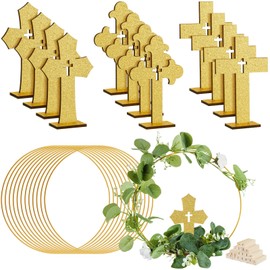 Wesiti 24 Pcs Baptism Centerpieces for Tables 12 Wood Crosses 12 Metal Floral Hoop Centerpiece with Stand Wooden Cross for Baptism Party Wedding Craft(Gold,Novel)