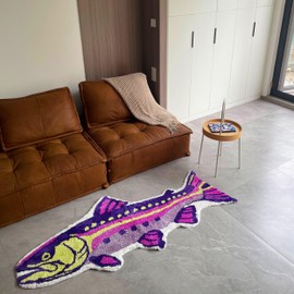 Vibrant Tufted Area Rug with Abstract Fish Design for Livingroom Bedroom 3D Patchwork Shag Moss Rugs Fluffy Kids Toddles Carpet Plush Shaggy Anti-Slip Nursery Mats Balcony, Patio Pet Turf 2.6x6.1ft