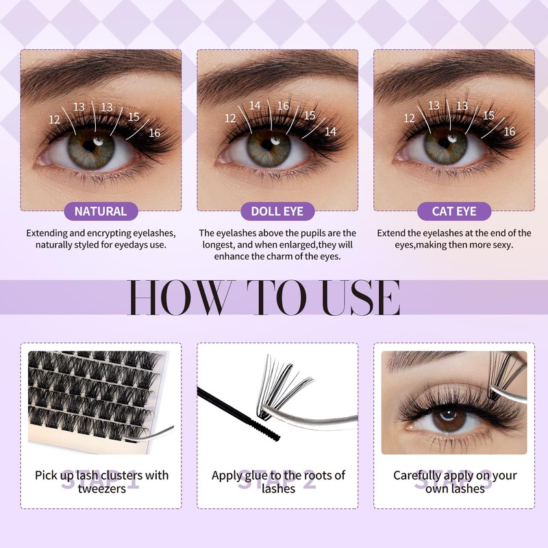 Cluster Lashes Extensions Natural 12-16mm Mixed 30D+40D Soft Reusable Individual