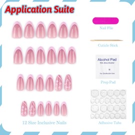 Pink French Tip Press on Nails Medium Almond Flower Fake Nails False Nails with Hibiscus Floral Curve Line Designs Glossy Glue on Nails Acrylic Nails for Women Girls 24Pcs