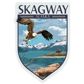 Die Cut Sticker Skagway, Alaska, Lake Scene, Bald Eagle and Bear, Contour Vinyl Sticker 1 to 3 inches (Waterproof Decal for Cars, Water Bottles, Laptops, Coolers), Small