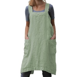 TBA Delantal de lino y algodón con espalda cruzada para mujer con bolsillos grandes, vestido cuadrado para hornear, cocinar barbacoa y parrilla, Verde claro, M