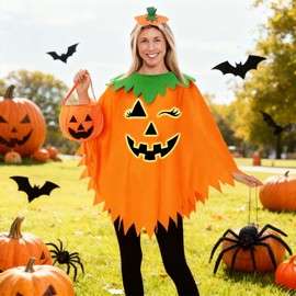 3PCS Disfraz de calabaza de Halloween para mujer, poncho de calabaza que brilla en la oscuridad para adultos con diadema y bolsa.Halloween disfraces fiesta cosplay.