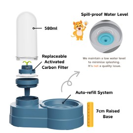 Water Dispenser for Cats and Dogs, 580 ml, Automatic Gravity Pet Drinking Fountain with Filter for Small Dogs, Cats, Rabbits, Small Animals (Blue)
