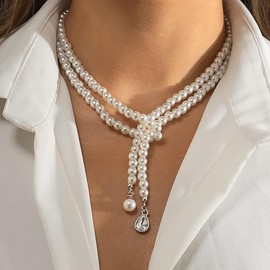 Dainty Pearl Choker Necklace for Women Layered Faux Pearl Strand Necklace,Elegant Pearl Necklaces Wedding Prom Bridal Jewelry (White, One size)