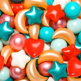 TRENDPLAY Ball Pit Balls for Toddler 100 pcs with Star Heart Moon Different Shapes Set: Perfectly for Kids Parties, Playtime, Festival Decoration,Pearl Green+ Red+ Gold