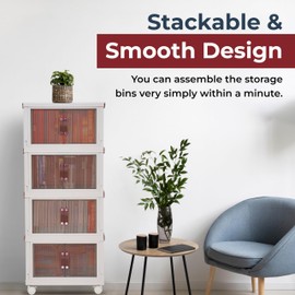 G-Rack Stackable Storage Organiser - Space-Efficient Plastic Storage Bin with Doors - Practical, Removable, Foldable Cabinet - Movable, Stackable Storage Bins - Transparent/White - Set of 4