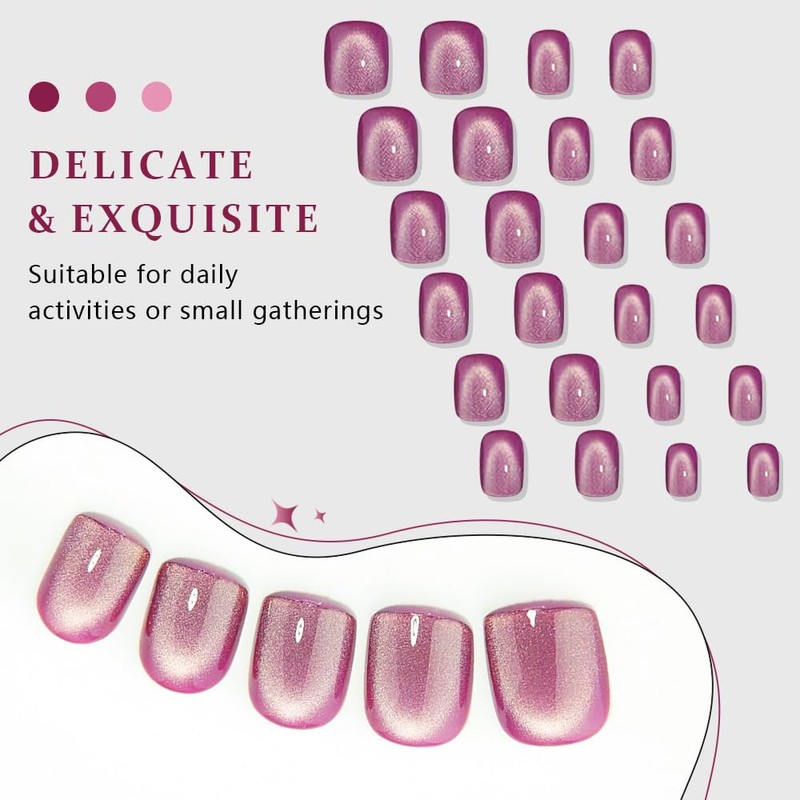evpct Purple Cat Eye Short Press on Nails Square, Short