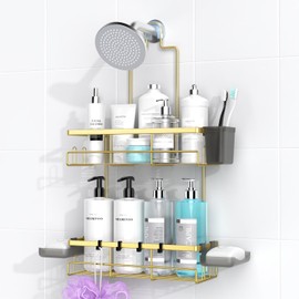 AKTECKE Shower Caddy Hanging Bathroom Organizer: Rustproof Shelf for Inside Shower - No Drilling Racks Over Showerhead - Bath Shelves for Shampoo Soap Gold