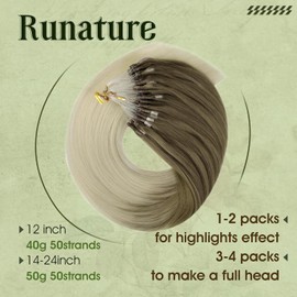 RUNATURE Real Hair Micro Ring Extensions Brown Ombre Blonde 45 cm Straight Hair Extensions Balayage 50 Strands #BA8/60