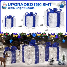 Blue Christmas Decorations, Christmas Lighted Gift Boxes 140 LEDs Light Up Presents Christmas Decor, 8 Modes & Timer Function Plug-in Set of 3 Lighted Christmas Boxes for Xmas Holiday Indoor Outdoor