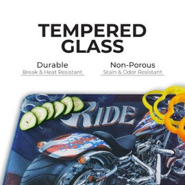 Rivers Edge Products Large 12in x 16in Decorative Tempered Glass Cutting Board, Hypoallergenic, Non Slip, Textured Surface Chopping Board for Kitchen, Biker Motorcycle, Ride Free