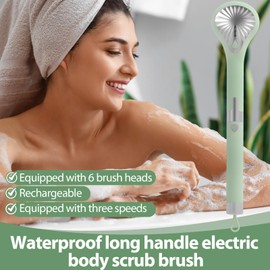 Electric Body Brush Back Scrubber for Shower, Waterproof Long Handle Power Body Scrubber with 6 Heads, Rechargeable Bath Brush & 3 Speeds, for Cleansing, Exfoliating and Massaging Skin (Green)