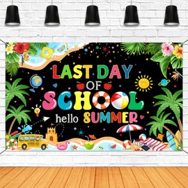 Mocsicka Happy Last Day of School Hello Summer Banner End of School Year Party Decorations Backdrop Black for Kids Summer Vacation Party Supplies Photo Booth Props (Black, 70.8 x 43.3 Inch)