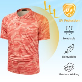 TAPULCO Mens Sun Protection UPF 50+ Collarless Golf Shirts Sports Tee Fast Dry Henley T-Shirts for Daily Casual Wear Camo Orange X-Large