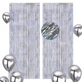 Tinsel Curtain Silver with 20 Balloons, 2 Foil Fringe Glitter Curtain Shimmer, Metallic Tinsel Curtains, Background Fringe Glitter Curtains, Fringe Curtain, Metal Foil for Party Decoration, Birthday