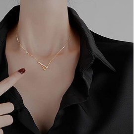 fivihoc Women's Necklace, Dainty K18 Coating, Silver S925 V-Line, Diamond, CZ Pendant, Hypoallergenic, Azuki Chain, Adjuster, Simple, Stylish, Genuine Jewelry, Sterling Silver