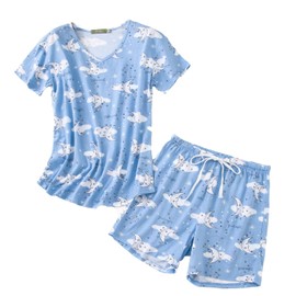Women's Short Set Pyjamas, Summer Cotton Blend, Short Sleeve, Wide Lounge Set, Two-Piece for Women, Leisure, Girls, Women, Nightdress, Blue Moon, S