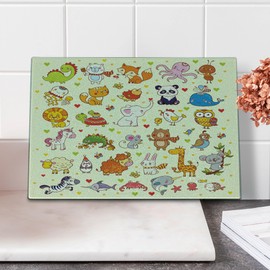 Lunarable Animal Cutting Board, Cartoon Panda Fox Chicken Birds Mouse Animals Room, Decorative Tempered Glass Cutting and Serving Board, Small Size, Multicolor