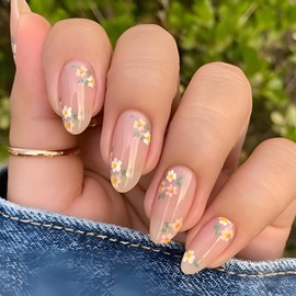 Wugbc Pink Press on Nails Almond Summer Fake Nails with Flower Design Full Cover Glossy Acrylic Press on Nails Medium Reusable Glue on Nails Kit for Women Manicure Nail Art Decoration 24PCS