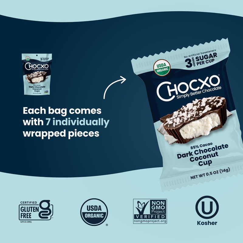 ChocXO Dark Chocolate Coconut Cups, 85% Cacao, 3g Sugar per