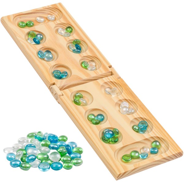 Regal Games Foldable Wooden Mancala Board Game with 48 Glass Stones, for Ages 8 to Adult