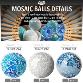 3 in Decorative Orbs Glass Balls Set of 6,Mosaic Sphere Globe for Whole Housewares,Wedding/Birthday,Bowls,Vases Dining Table Centerpieces (White,Bright Blue,Ocean Blue)