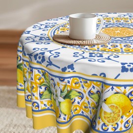 Imiss Lemon Yellow Fruit Flowers Round Tablecloth 60 Inch Boho Floral Fabric Tablecover Washable Spring Summer Tablecloth for Picnic Dinner Table Decor