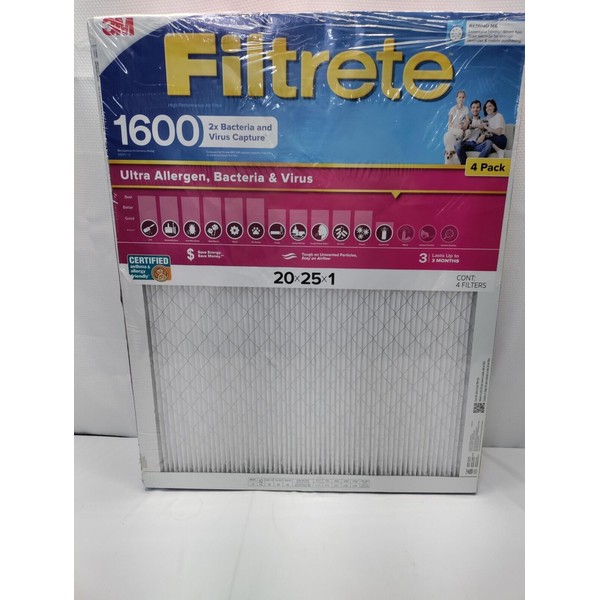 Filtrete 1600 MPR  20"x25"x1" Filters (4 Pack) Merv 12 Electrostatic Filters