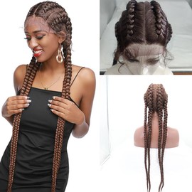 xiweiya 6# Brown Braided Wig with Baby Hairs Twist Double Dutch Brown Braiding Wigs Dark Brown Afro Braids Long Box Braid Hair 100% Hand-Braided Brown Wigs Double Dutch Braids 36inch for women