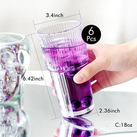 Set of 6 Ribbed Large Drinking Glasses, 18oz Glass Tumbler, Highball Glass Cups ,Clear Glassware, Drinking Glasses for Iced Coffee, Water, Juice,Cocktails, Barware,Beer, Iced Tea, Housewarming Gift