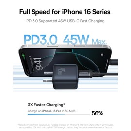 Baseus 45W Charger, PicoGo C1 USB C Charger Block Fast Charging, Compact Type C Wall Charger for iPhone16/15/14/13/12 Series, Galaxy Series, MacBook Etc.
