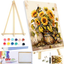 Framed Paint by Numbers Kit with Wooden Easel for Adults Beginners Butterfly Sunflower Acrylic Easy Paint by Number Paint by Number Kits on Canvas with Nice Gift Box 12x16in