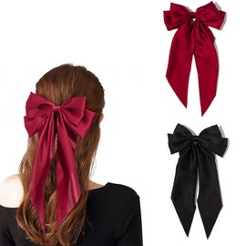 YUNYAN Hair Clips 2 Pieces 33 cm Hair Styling Accessories Hair Clips Women's Plain Bow Hairpin French Hair Clip with Silky Satin Black and Red Large Bow for Girls